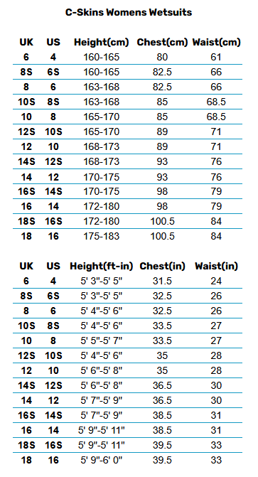 2025 CSkins Womens Wetsuits 0 Size Chart